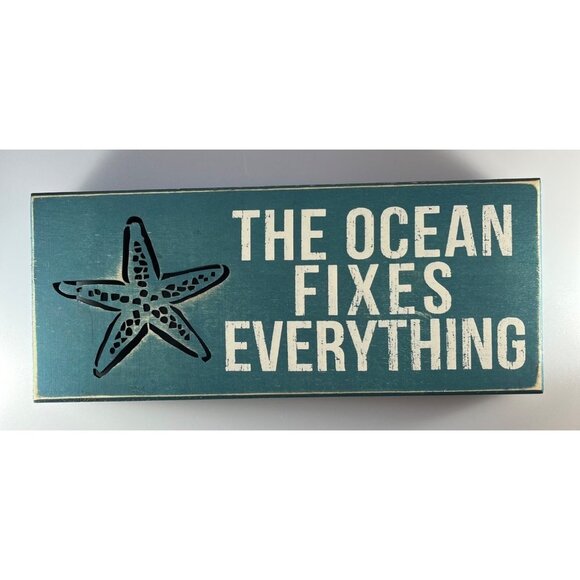 Rustic Water Blue Wooden Block Sign Starfish Cutout "The Ocean Fixes Everything" - Picture 1 of 8